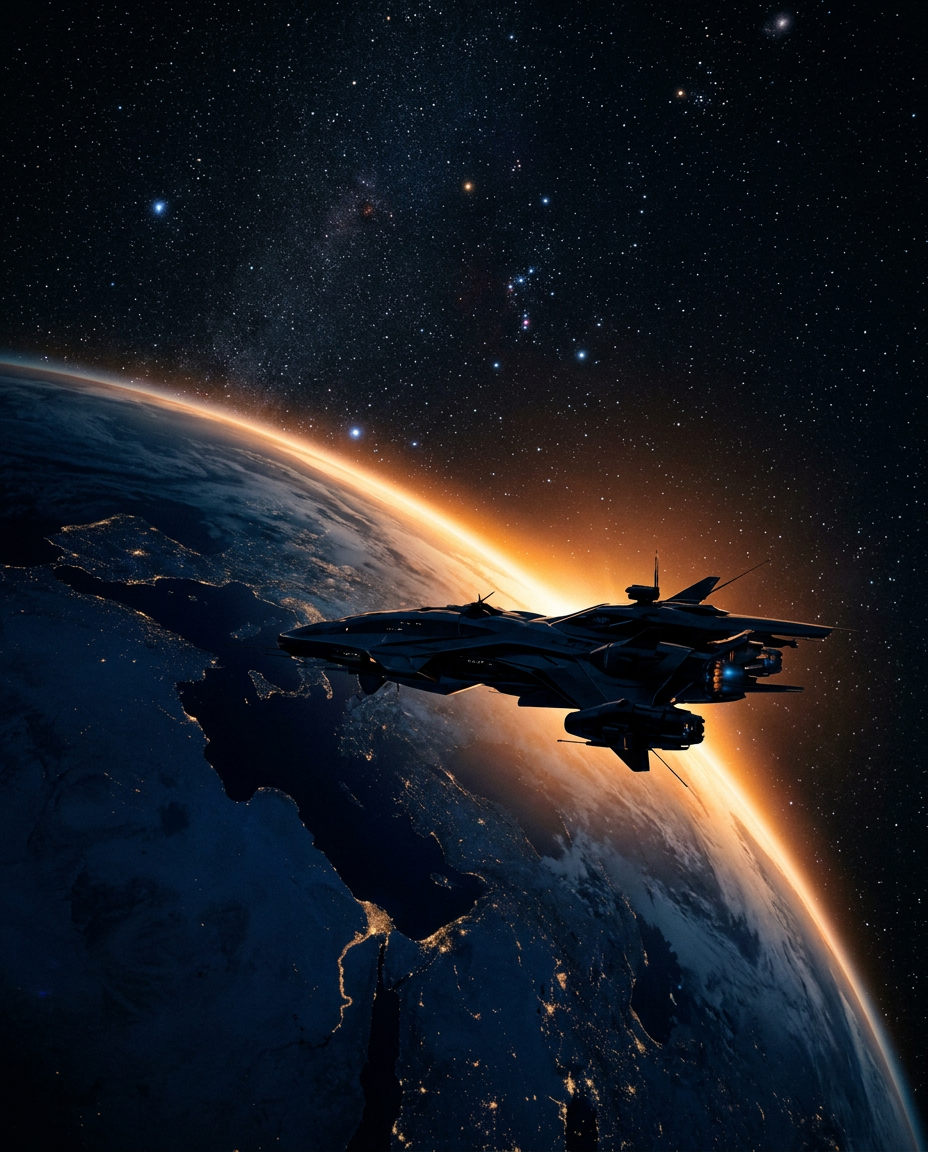 Earth seen from space with a spacecraft silhouette
