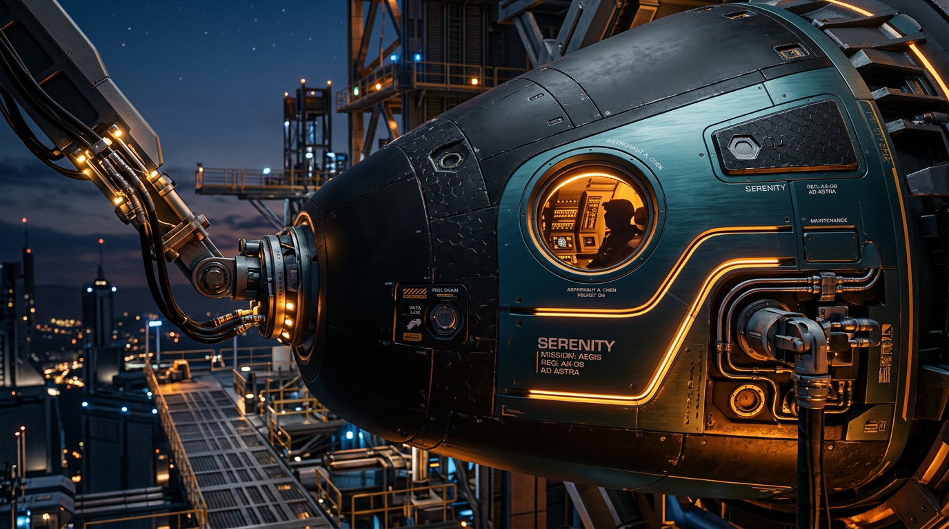 Spacecraft docked at launch facility at dusk